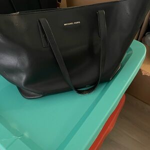 Michael Kors Black Leather Shoulder Tote with Gold Logo
